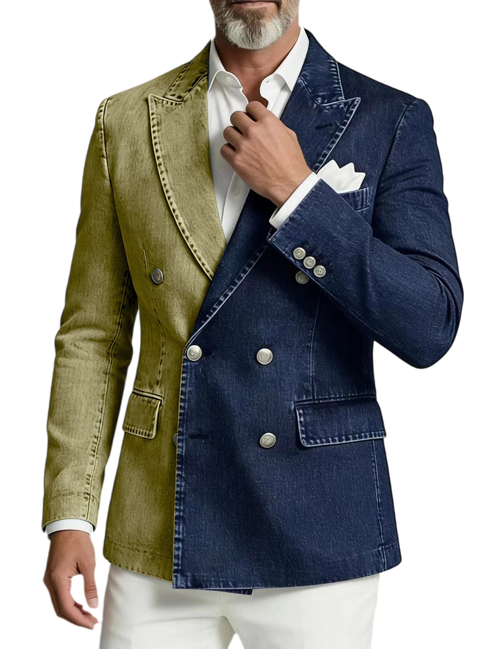 Men Spliced Denim Jacket Peak Lapel Double Breasted Slim Fit Casual Blazer Outing Date Night Trendy Party Fashion Costume Homme