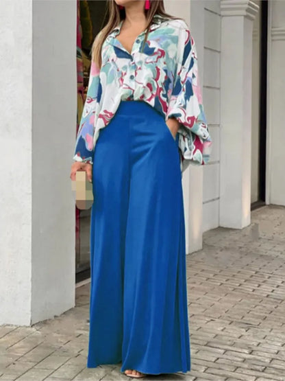 Spring Autumn New Women's Fashion Printed Single Breasted Shirt Solid Color Pants Casual Comfort Two Piece Set