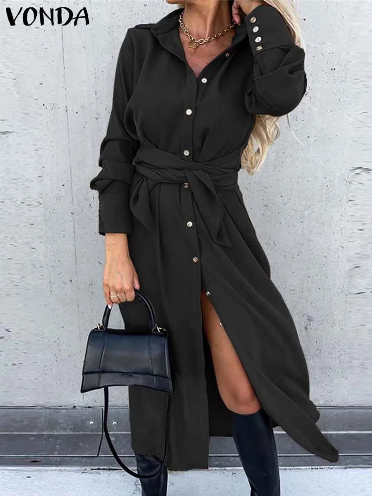 VONDA 2024 Women Autumn Long Shirt Dress Long Sleeve Buttons Belted Elegant Party Sundress Lapel Casual Solid Loose Vestido Robe