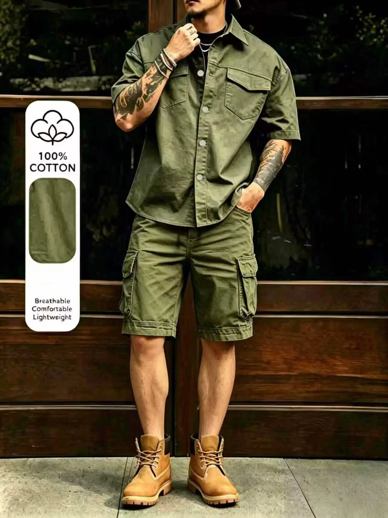 2026 Male Vintage Mens Multi Pocket Outfits Stylish Men Patchwork Shirt Shorts Sets Outdoor Casual Short Sleeve Two Piece Suits