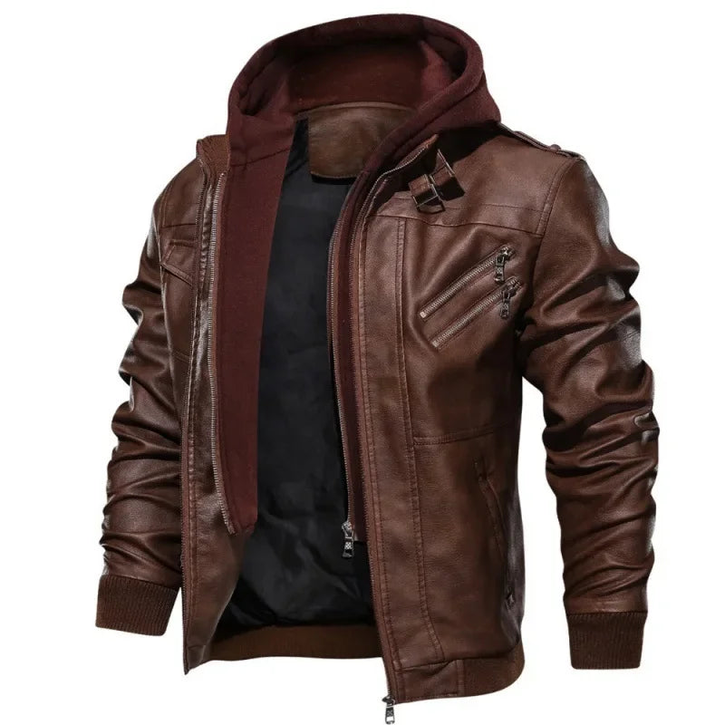 EU Size Men's Winter Leather Jackets Mens Casual Motorcycle Biker PU Leather Coats Outdoor windproof and warm Hooded Outwear