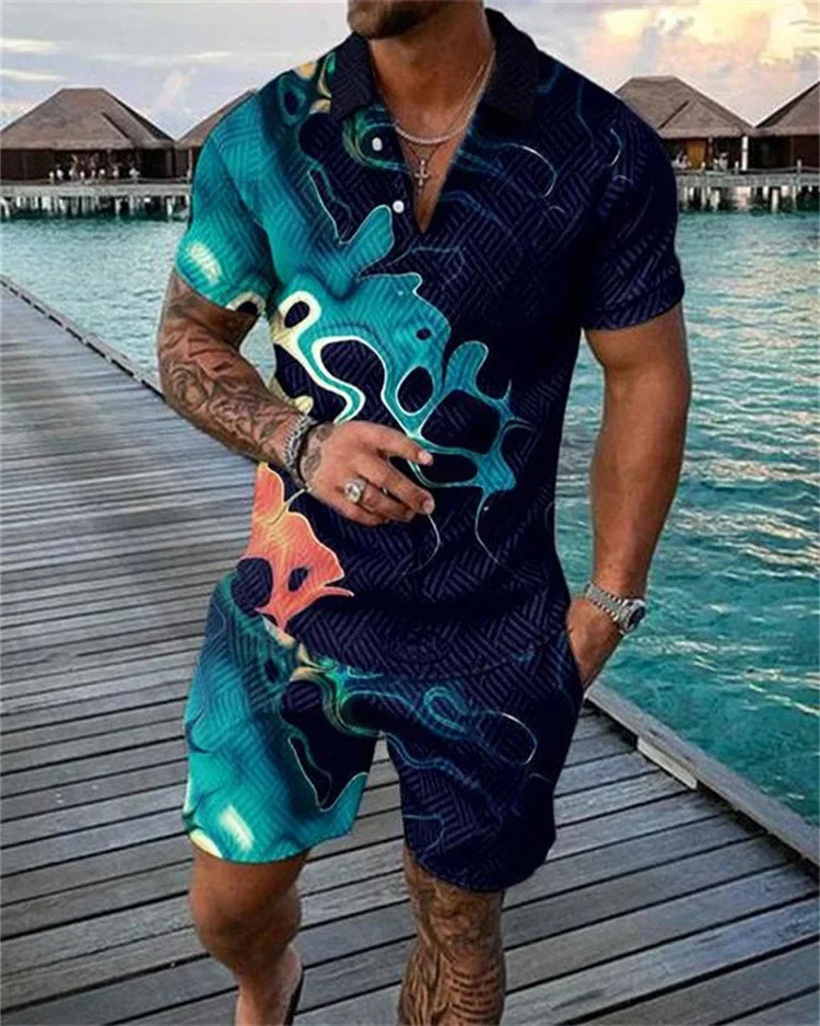 Sommer Neuer Trend Herren-Trainingsanzug Freizeit-Reißverschlusskragen 3D-Druck Poloshirt-Anzug 2-teiliges Set Bunte Streetwear Kleidung Übergröße