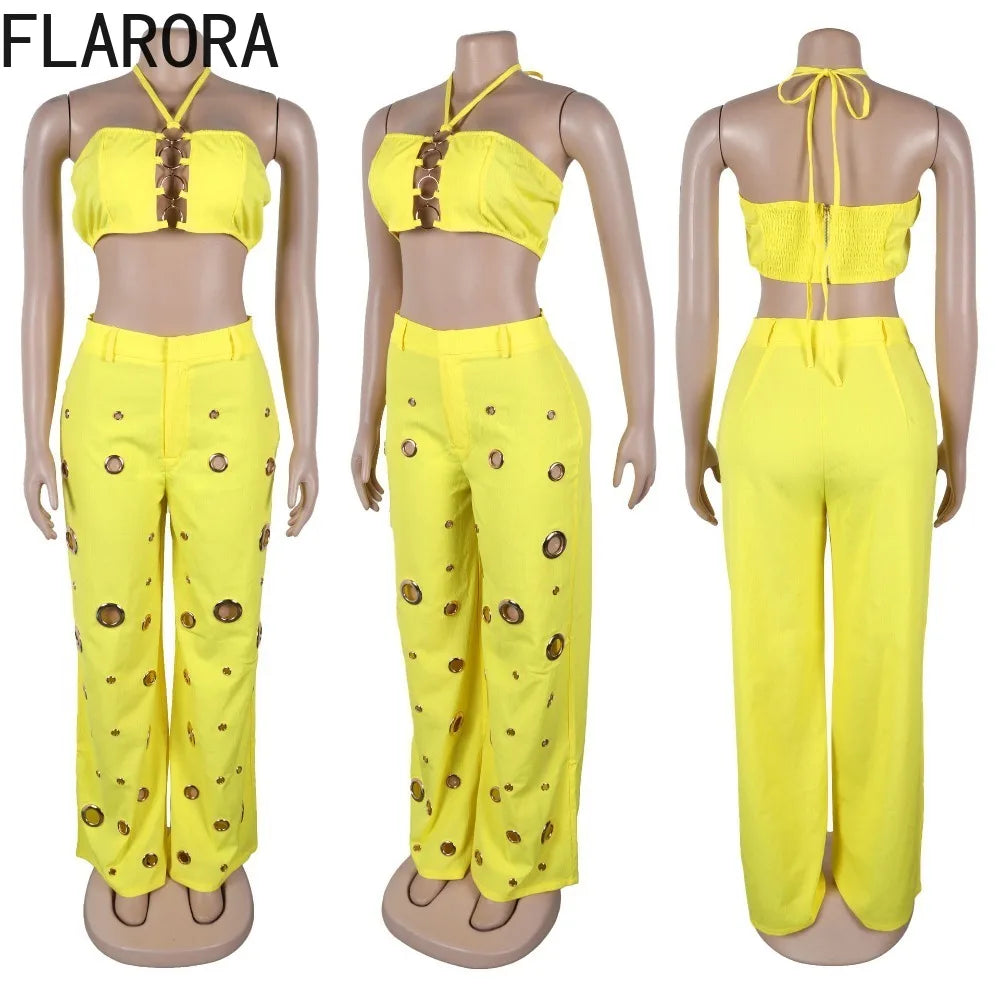 FLARORA Y2k Hole Sequined Wide Leg Pants Streetwear Sexy Solid Halter Sleeveless Backless Tops And Pants Women's Two Pieces Set