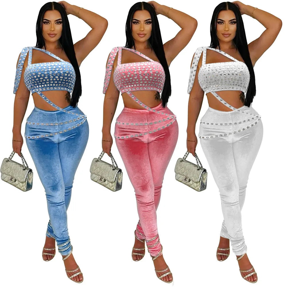 CM.YAYA 2024 Fall Women Set Velvet Diamonds Hot Rhinestones Strapless Top + Pencil Pants Suit Sets Two 2 Piece Set Party Outfits