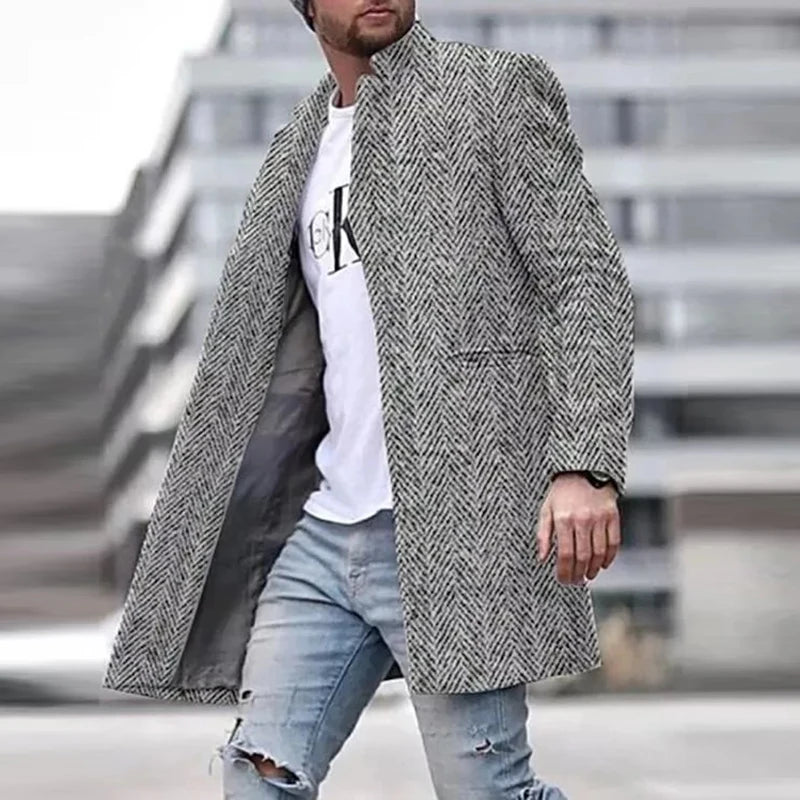 Men Autumn Winter Long Sleeve Overcoats Fashion Straight Mens Blazer Jackets Vintage Pattern Print Stand Collar Buttoned Coats