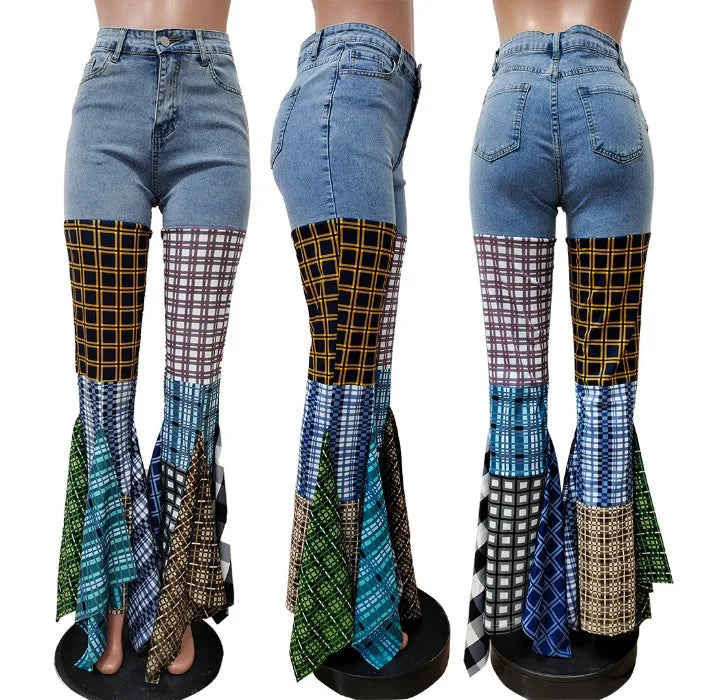 Women Jeans 2024 Summer Fashion Spliced Houndstooth Denim Ruffle Edge Flared High Waist Jeans Pants Female Trousers Streetwear