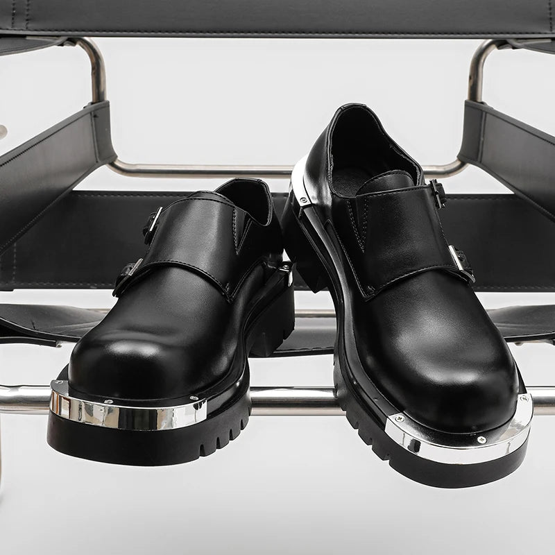 Men Fashion Paris Derby Shoes Punk Style Metal Big Head Double Breasted Decoration New Thick Bottom Height Increase Men's Dress Shoes