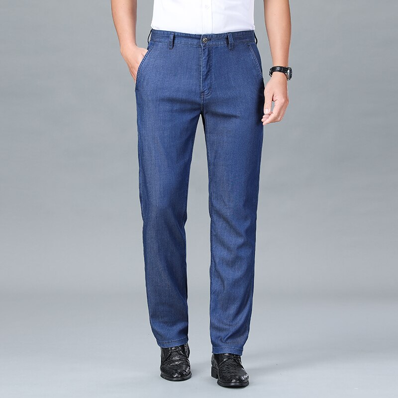 New Spring 2023 Men&#39;s Light Blue Stretch Straight Jeans Business Casual Denim Pants Modal Fabric Trousers Male Brand