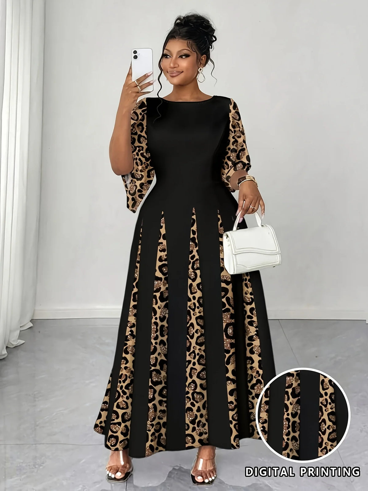 Elegantes Maxikleid mit Leopardenmuster, modisches langärmliges Abendkleid in Übergröße, bequeme und stilvolle Damenbekleidung