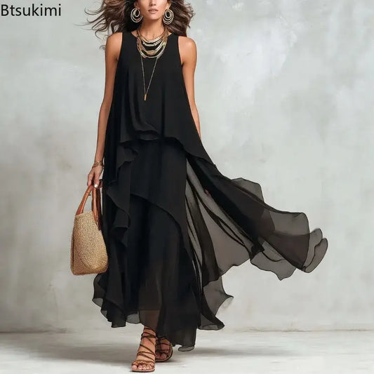 Women's Elegant Solid Dress Summer Casual O Neck Sleeveless Asymmetrical Ruffle Layered Chiffon Maxi Dress Holiday Party Dress