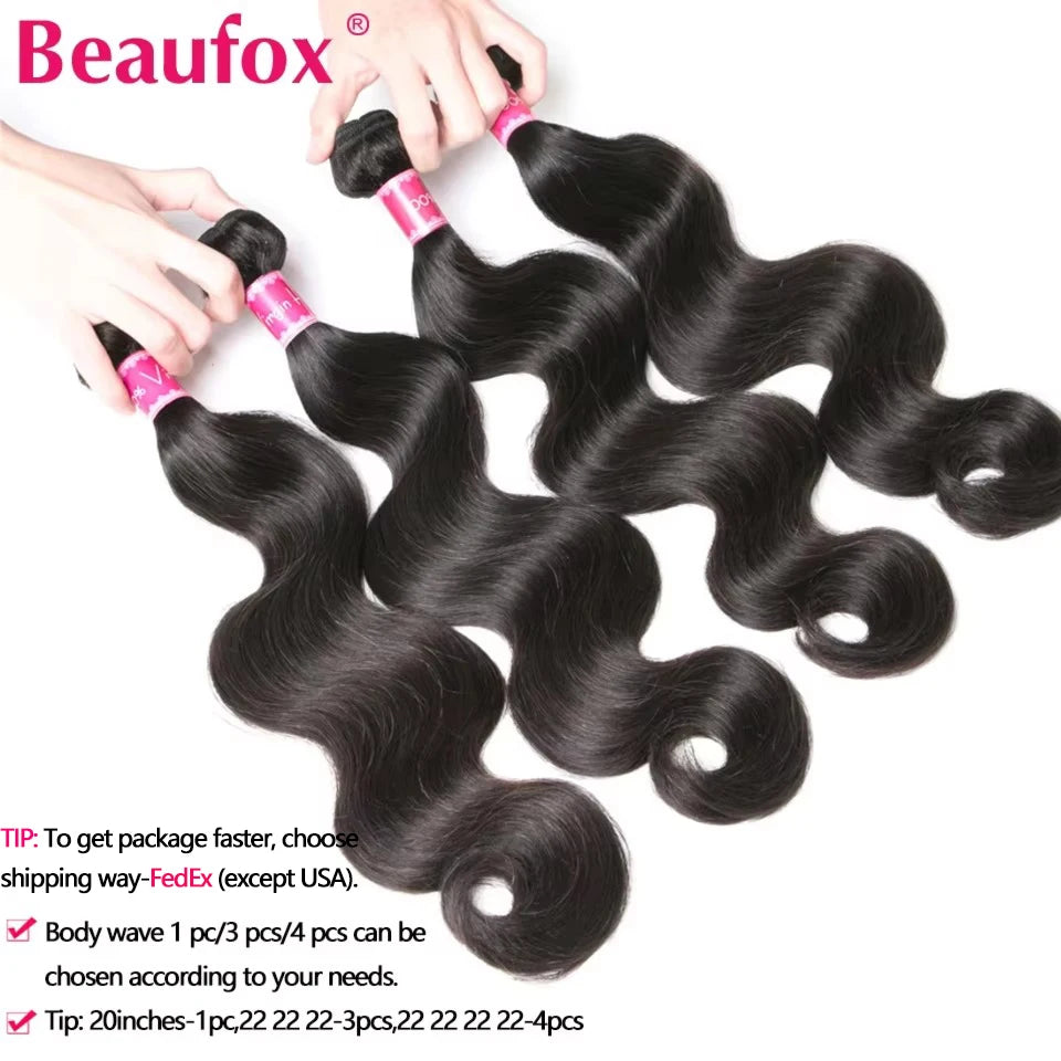 Beaufox Body Wave Bundles Brazilian Hair Weave Bundles 1/3/4 PCS Human Hair Bundles Natural /Jet Black 8-30"Remy Hair Extensions
