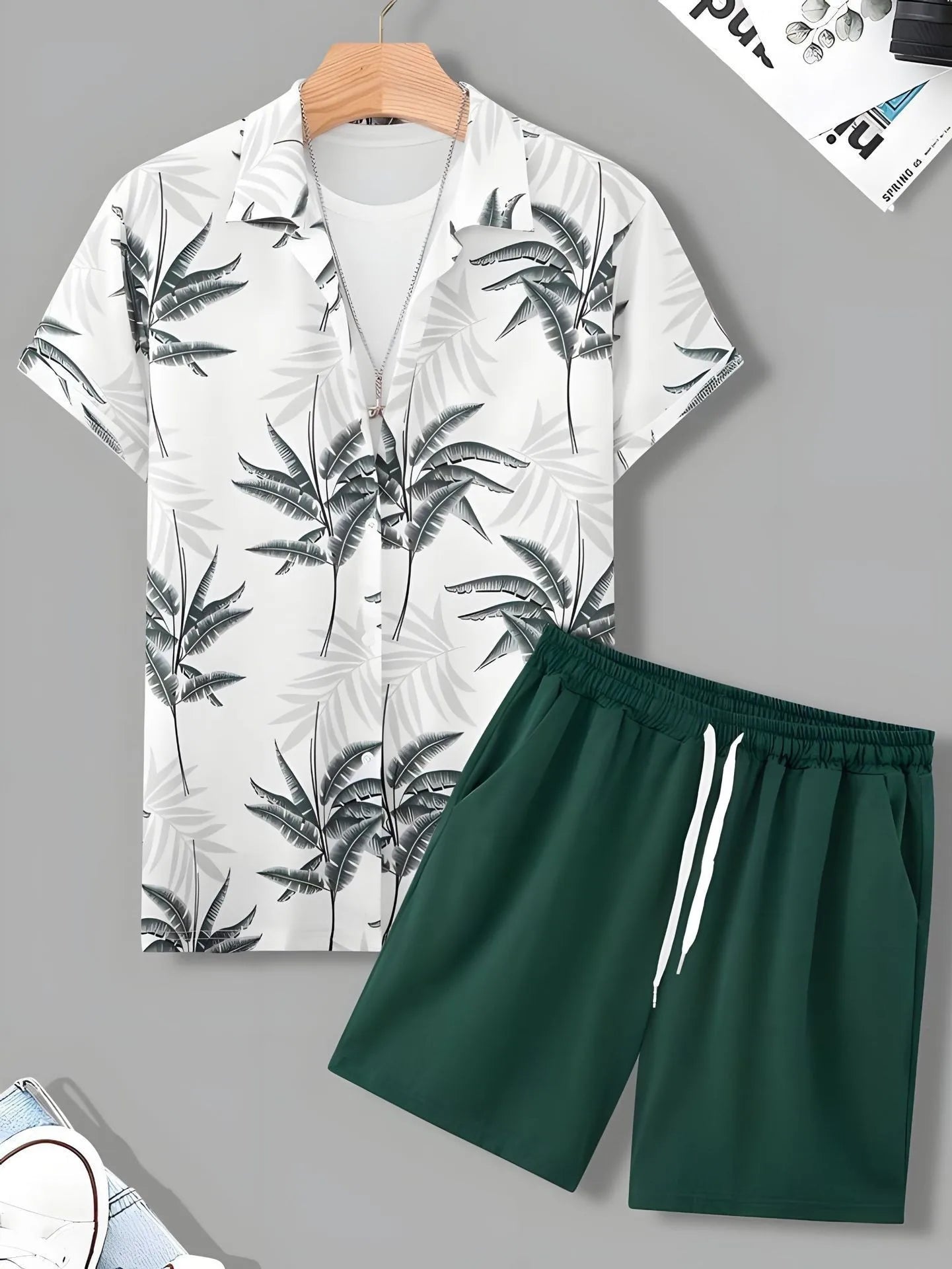 Comfortable Coconut trees leaves color blocking 3D Print shirt +Shorts Two Piece Set Short Sleeve Flip collar shirts half pants