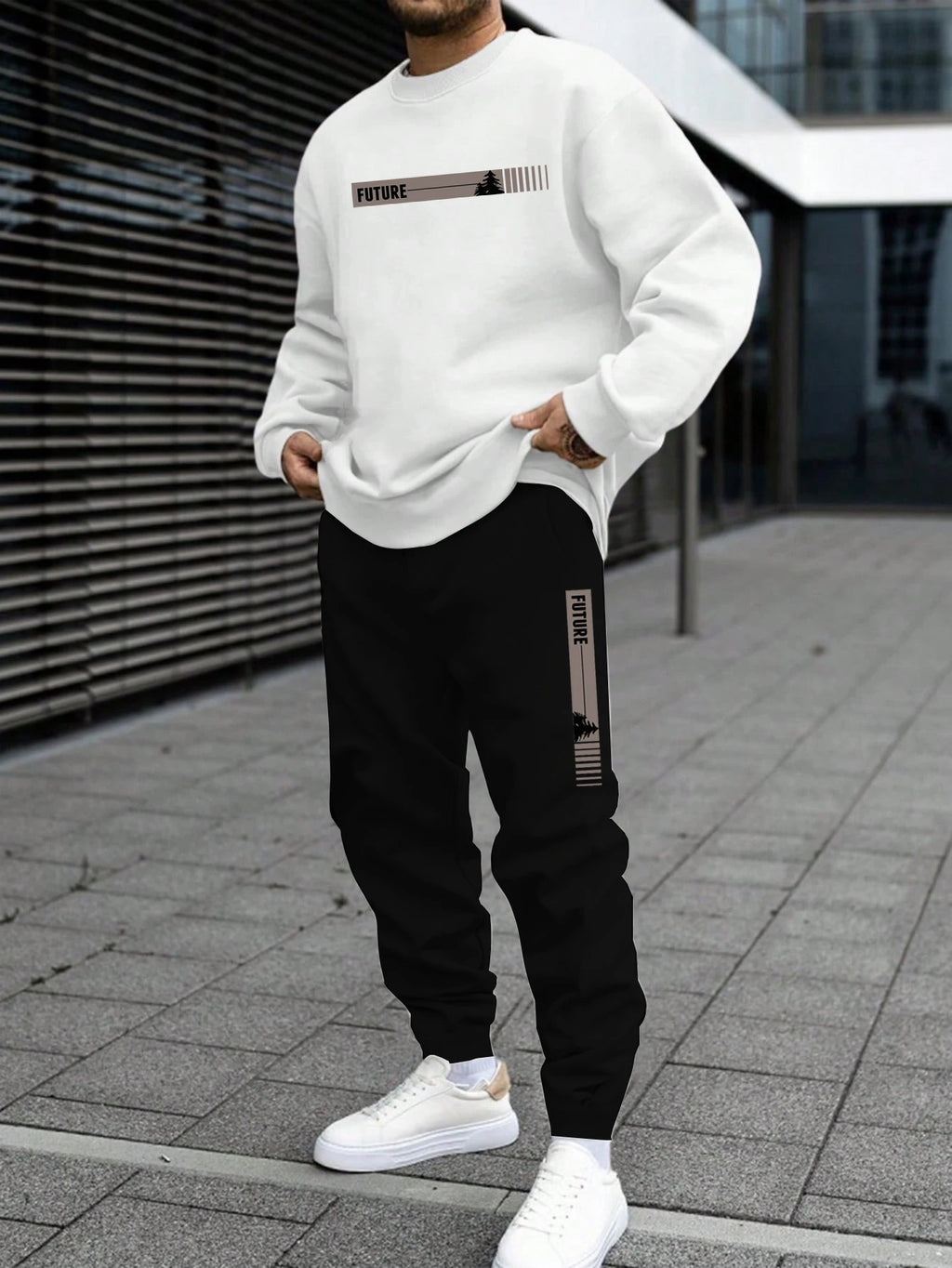 Men's Autumn and Winter Set With Future Print Casual Long Sleeve Pants Two-pieces Suit Comfortable Sportswear Suit Crew Neck