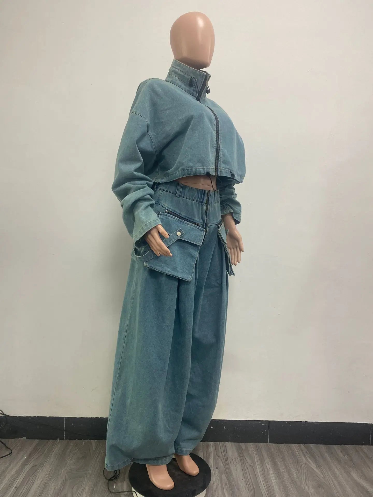 fashion retro women's casual wide leg loose heavy duty denim two-piece set for women two piece set women sexy club  zevity