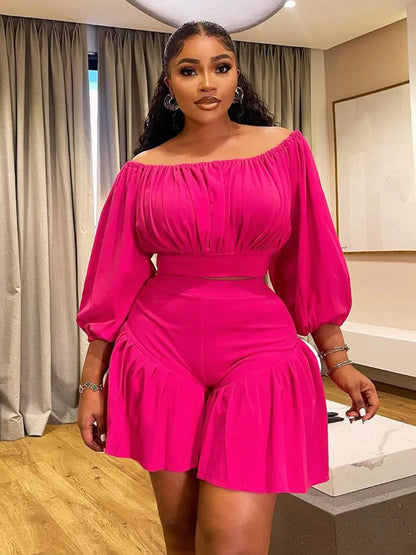 CM.YAYA Plus Size Women's Set Long Sleeve Slash Neck T-Shirt and Shorts  Summer Ruched Two 2 Piece Set Outfits Tracksuit