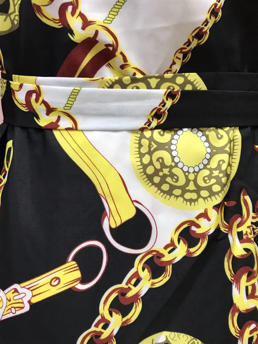 2024 Autumn New Women's Dress Fashionable Sexy Gold Chain Slim Fit Printed Single Breasted Lace Up Waist Cinching Short Skirt