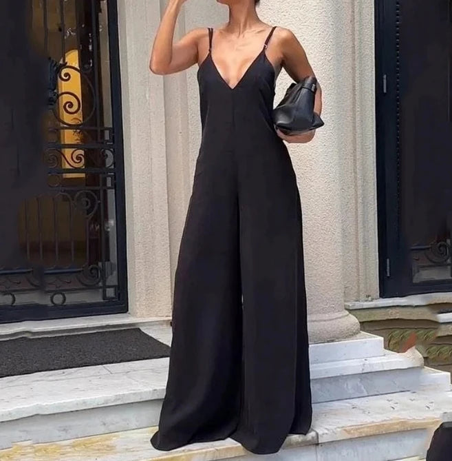 Jumpsuit Fashion Casual New 2024 Women's V-Neck Suspender Solid Color Wide Leg Jumpsuit Black