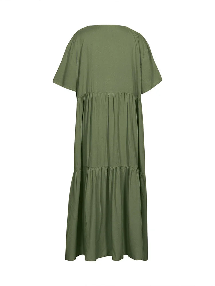 Damen Übergröße Lässiges lockeres V-Ausschnitt Einfarbiges langes Kleid Frühling Sommer Plissee Big Size Damenkleid