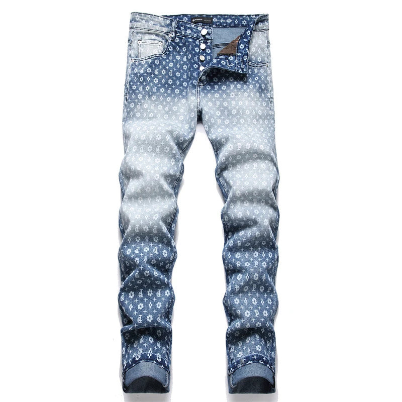 New Autumn 2024 Blue Letter-Printed Jeans Mid-Waist Slim Stretch Men's Casual Denim Pants Street Clothing