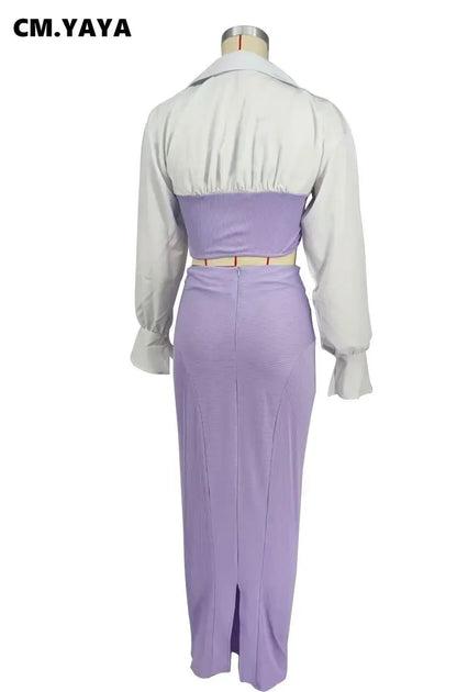 CM.YAYA Womens Two 2 Piece Sets Full Sleeve Shirt and Split Long Skirt Suit  Fall Streetwear Sexy Night Club Party Outfits