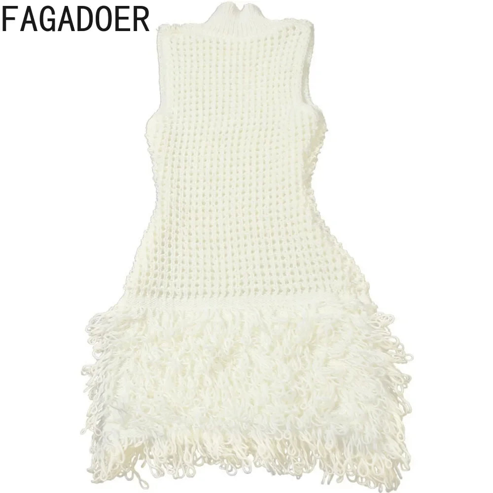 FAGADOER Fashion Tassels Hollow Out Splicing Mini Dresses 2024 Women Round Neck Sleeveless Slim Vestidos Elegant Lady Clothing