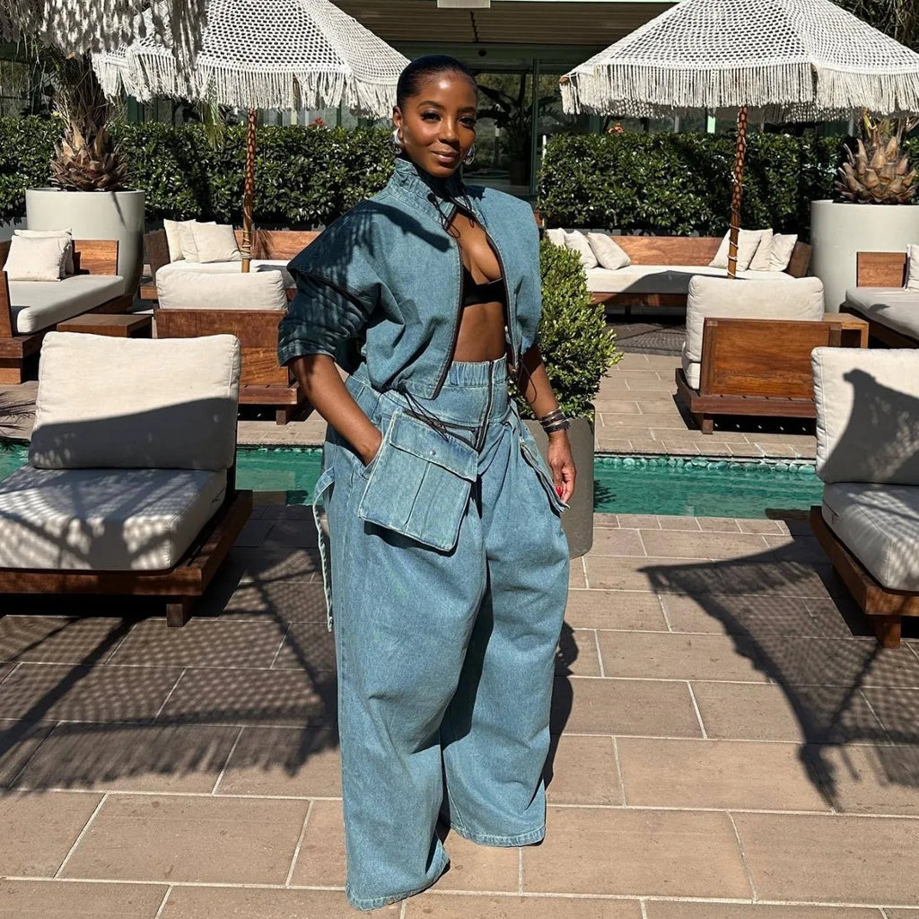 fashion retro women's casual wide leg loose heavy duty denim two-piece set for women two piece set women sexy club  zevity