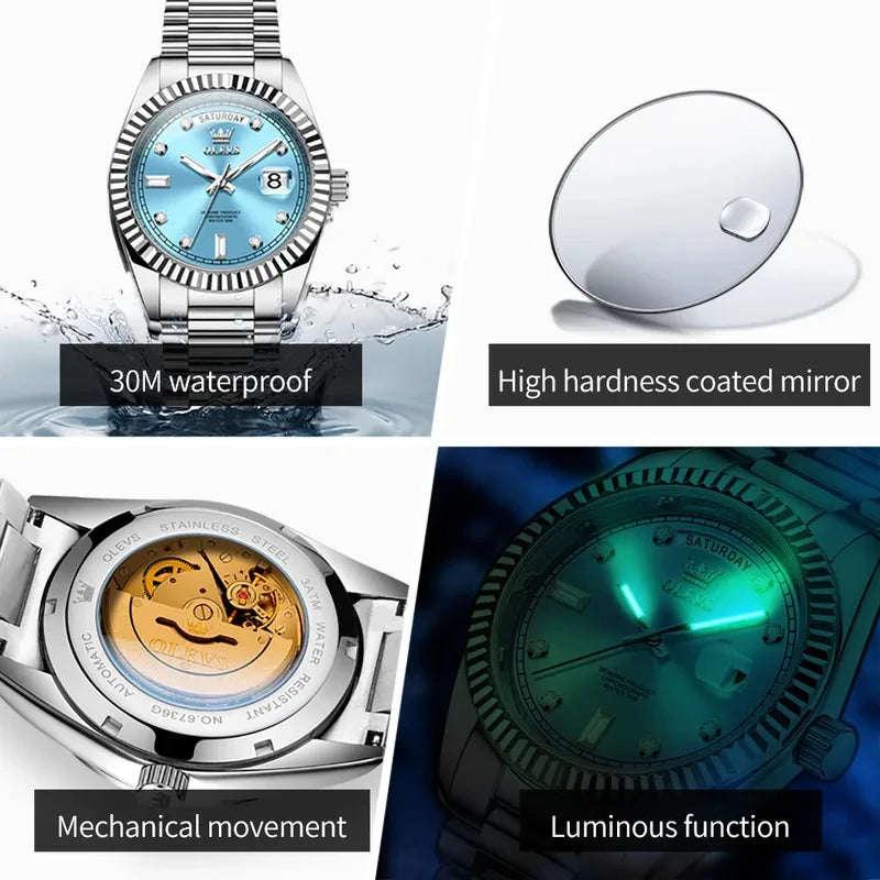OLEVS 6736 Mens Watch High Quality Luxury Automatic Mechanical Wristwatch Waterproof Stainless Steel Watches Man