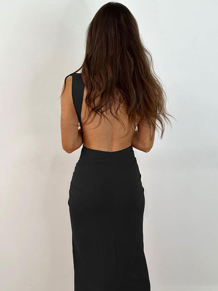 GACVGA 2023 Summer Fashion Ruched Long Dress Sexy Backless V Neck Hight Slit Women Bodycon Party Maxi Dress