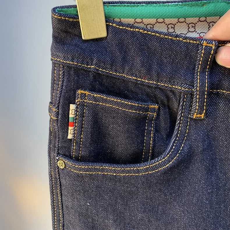 High end light luxury men jeans autumn new item dark blue fashion printed casual straight slim fit cotton washed denim pants