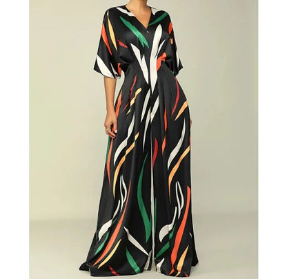 Jumpsuit for Women Fashion  Spring New Print Half Sleeve V-Neck Wide Leg Loose Casual Temperament Jumpsuits Casual Overalls