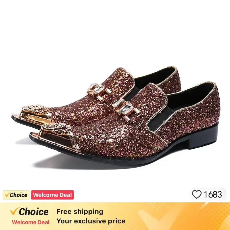 Luxusmarke Herrenschuhe Glitzer Gold italienische Hochzeitsschuhe Herren Leder Spitz Zehe Anzugschuhe Übergröße Herrenschuhe