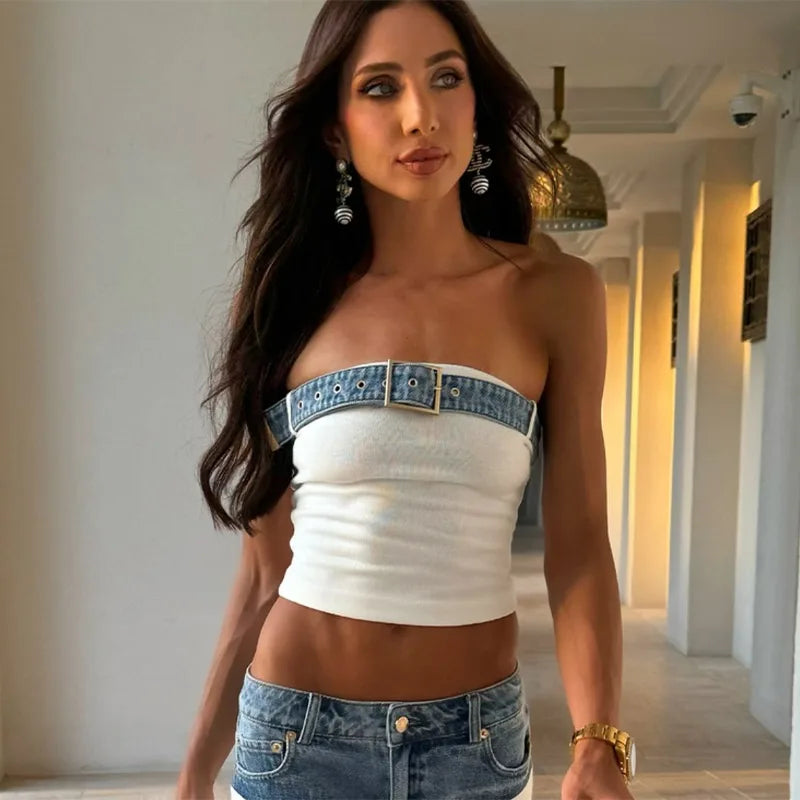 Sexy Denim Knitted Spliced Vest Pants Sets Women Slim Belt Sleeveless Tube Tops Low Waist Straight Pant 2025 Summer Street Suits
