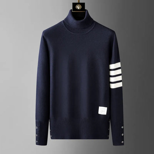 Luxury brand men's high neck sweater autumn and winter new Korean fashion stripe design with split hem high-end casual pullover