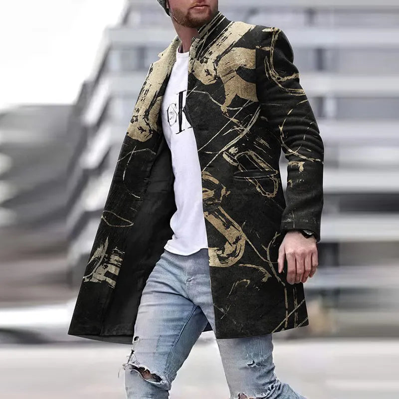 Men Autumn Winter Long Sleeve Overcoats Fashion Straight Mens Blazer Jackets Vintage Pattern Print Stand Collar Buttoned Coats