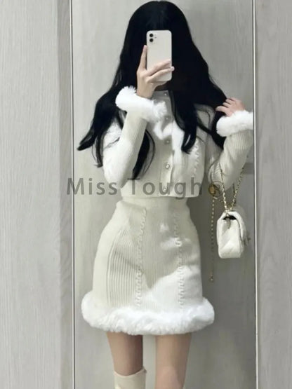 White Sweet Kawaii Two Piece Set Women Korean Fashion Party Mini Skirt Set Female Vintage Elegant Slim Skirt Suit  Autumn