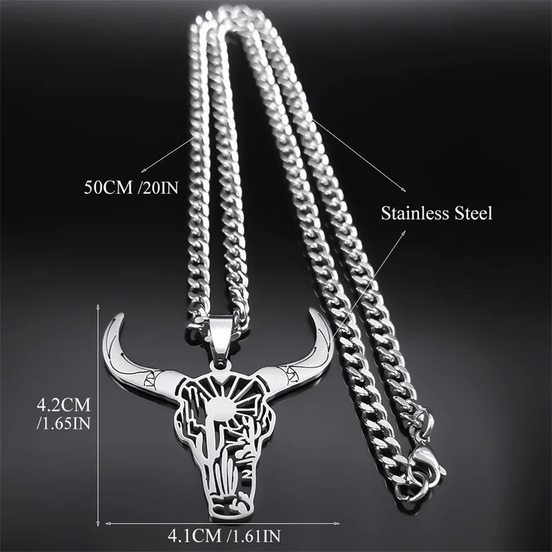 Fashion Bull Head Pendant Animal Cowboy Necklace Women Men Stainless Steel Silver Color Mexican Cow Necklaces Jewelry N3214S03