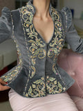 Elegant Chic Women Tops Floral Embroidered Deep V Neck Slim Waist Peplum Long Sleeve Design Asymmetric Vintage Velvet Blouse