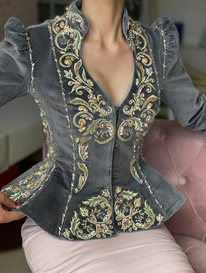 Elegant Chic Women Tops Floral Embroidered Deep V Neck Slim Waist Peplum Long Sleeve Design Asymmetric Vintage Velvet Blouse