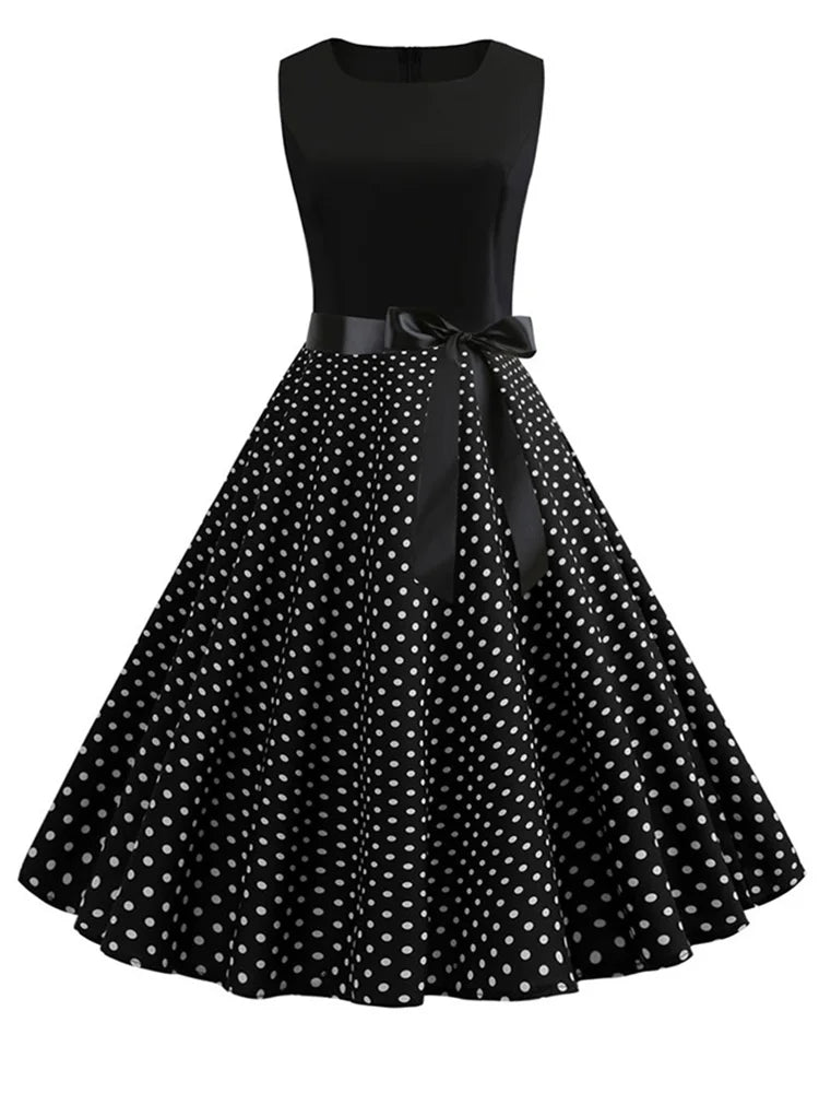 Black White Polka Dot Summer Dress Women Sleeveless Vintage 50s 60s Party Office Dresses