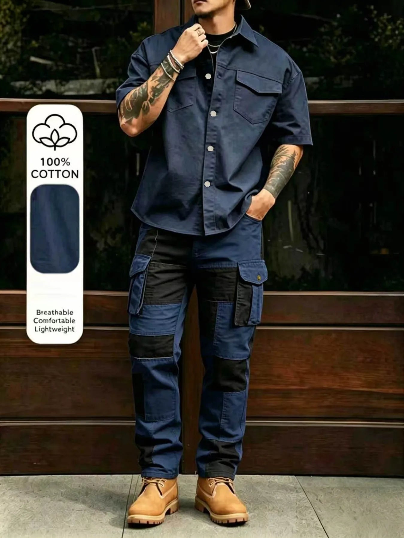 Men's Casual Workwear 100% Cotton Multi-Pocket Short-Sleeved Shirt Pants Set Male Cargo Overalls Streetwear Short Sleeve Button