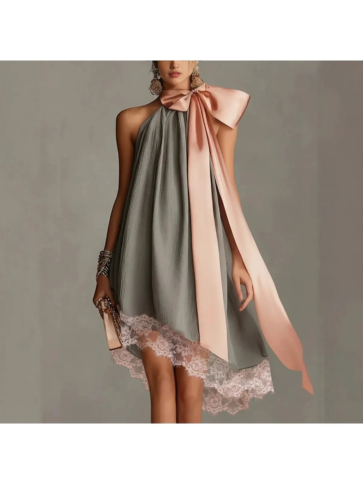 Pleated Halter Mini Dress for Women Pink Satin Big Bow Neck Tie Sleeveless Loose Flowy Elegant Cocktail Wedding Guest Dress