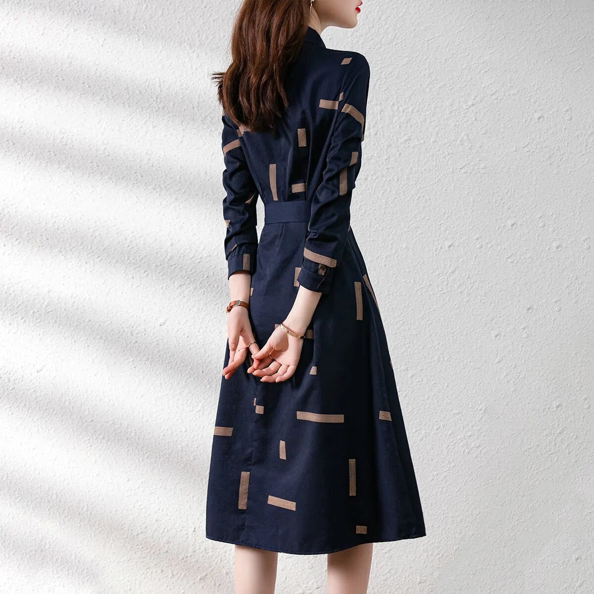 Elegant Fashion Geometric Printed Belt Dresses Spring 2023 Long Sleeve Polo-neck Loose Tunic Pullover Midi Dress Female Clothing