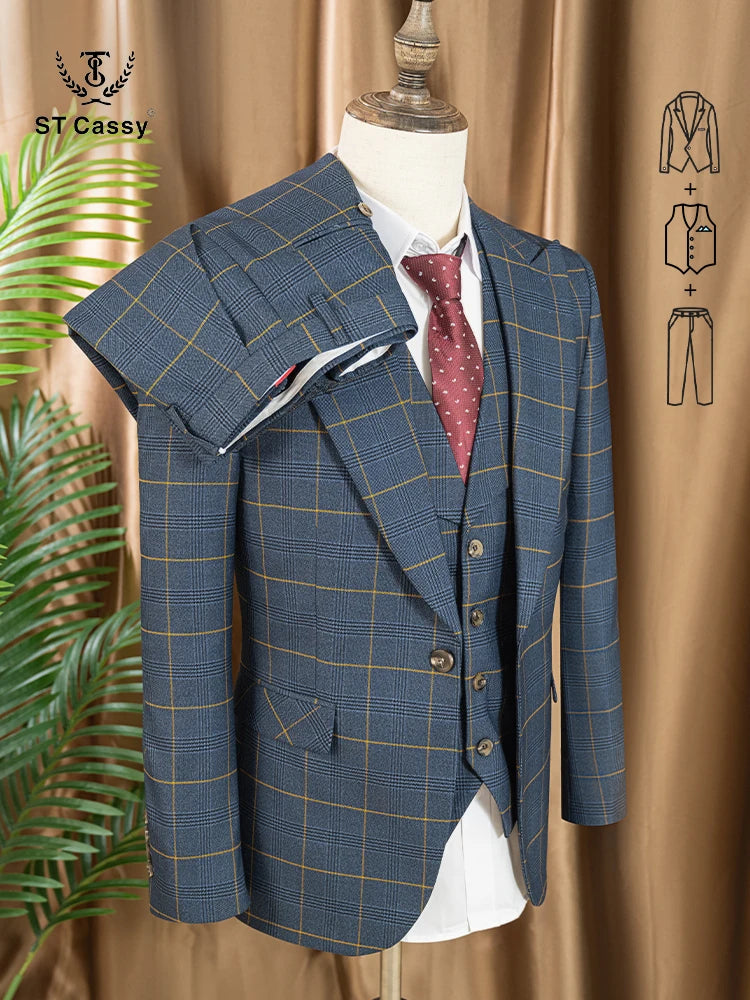 ST Cassy High Quality 3 Piece Checkered Suit Set Men Stylish Business Office Wedding Formal Outfit Full Elegant Man Suit