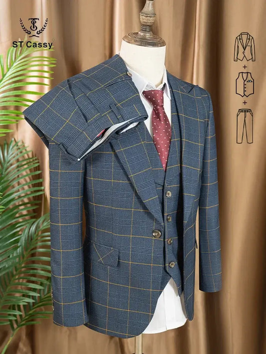 ST Cassy High Quality 3 Piece Checkered Suit Set Men Stylish Business Office Wedding Formal Outfit Full Elegant Man Suit