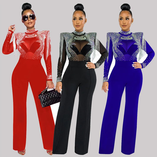 Women's Stage Dinner Jumpsuit Solid Color High Collar Hot Diamond Mesh Shoulder Cotton Long Sleeved Straight Tube Party Jumpsuit