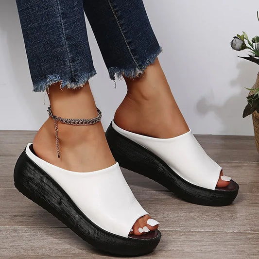 Women White Sandals Summer 2026 New Retro Wedge with Fish Mouth High Heels Thick Bottom Women's Shoes Large Size 44