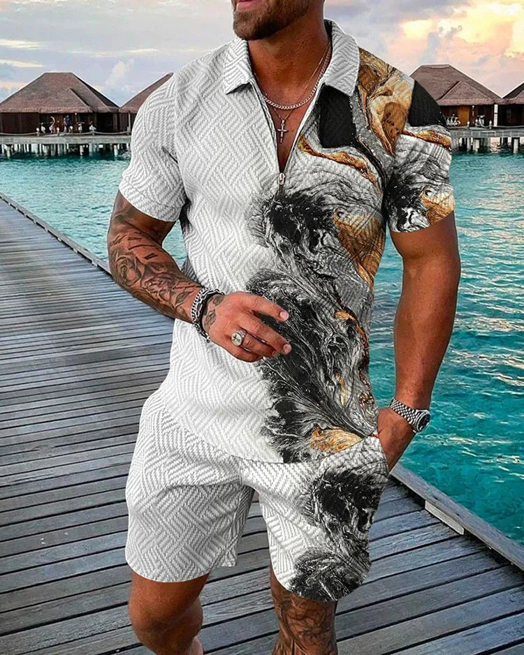Summer New Trend Men's Tracksuit Casual Zipper Collar 3d Print Polo Shirt Suit 2 Pcs Set Colorful Streetwear Clothing Oversize