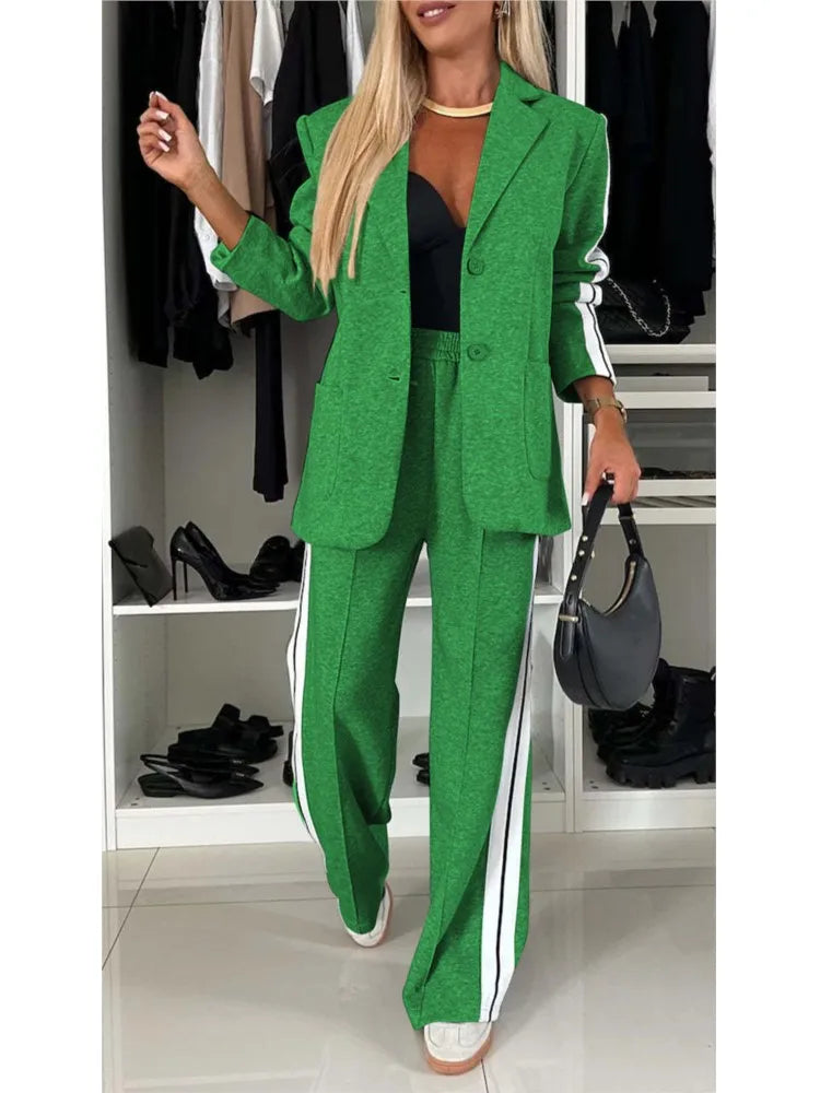 Autumn And Winter New Long Sleeves Suit Women's Suit Fashion Pimp Stitching Pants Pocket Female Office Blazer 2 Piece Set