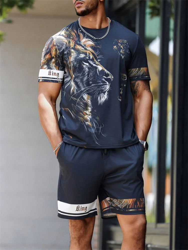 2024 New Crew Neck Short Sleeve T-shirt Fashion Shorts Set 3D Lion Print Short Sleeve Shorts 2-piece Men's Summer Sports Set