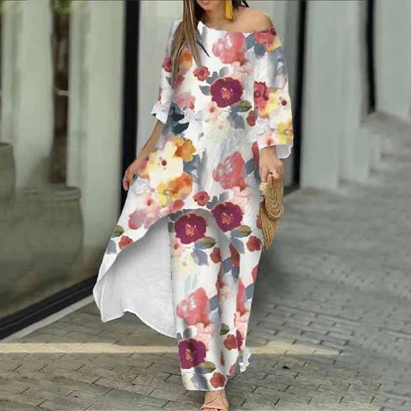 Two Piece Sets O-Neck Long Sleeve Irregular Hem Long Top & Causal Loose Wide Leg Pants Suits Fashion Print Floral Comfort Sets